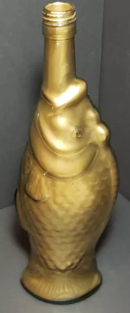 Green Glass Fish Shaped Bottle Painted Gold Inside 12 3/4” EUC