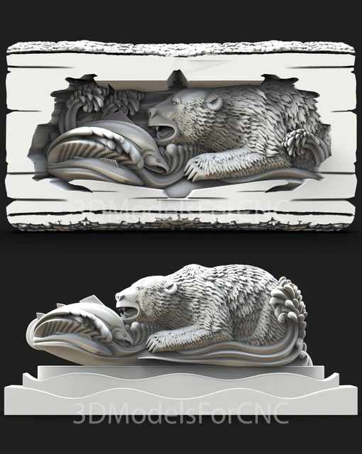 3D MODEL STL File for CNC Router Laser & 3D Printer Bear Hunting Fish ...