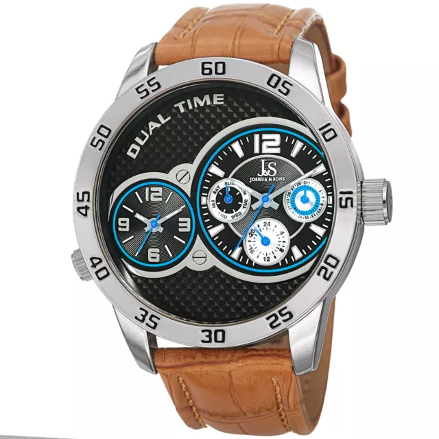 Men's Joshua & Sons JS97SSBR Dual-Time Multifunction Brown Leather Strap Watch