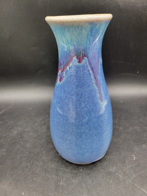 SIGNED VINTAGE HAND Thrown Studio Art Pottery Drip Glaze Vase Purple ...