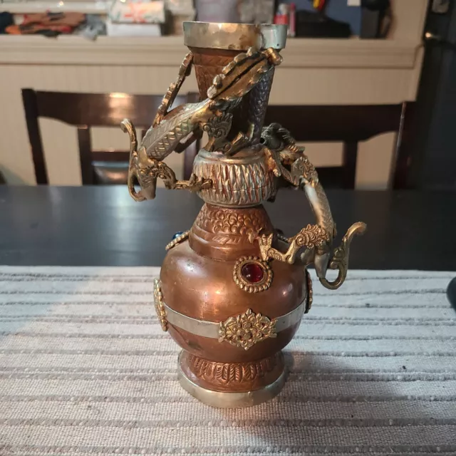 Antique 19th Century Chinese Asian Copper Bronze Dragon Vase Glass Stones