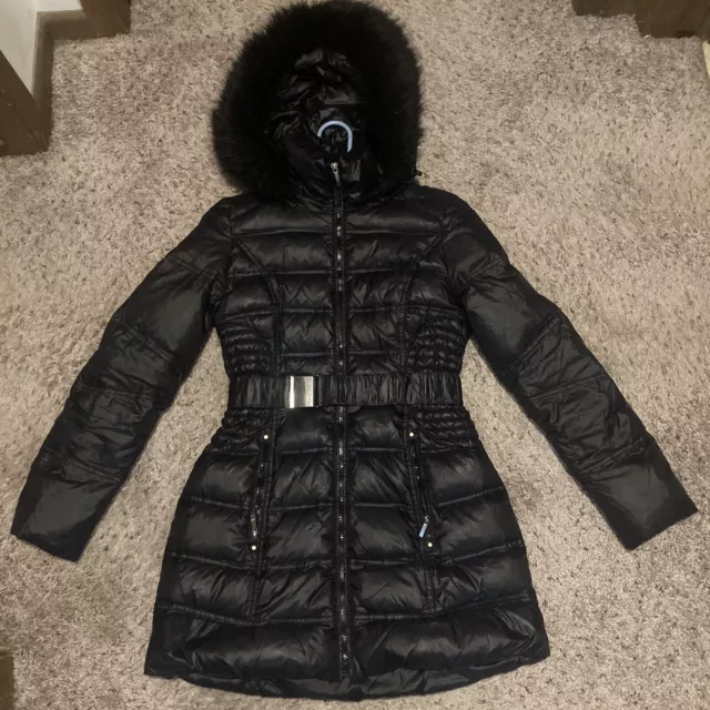 Laundry by Shelli Segal Faux fur Hood Black Quilted Trench Jacket Size S, W Belt