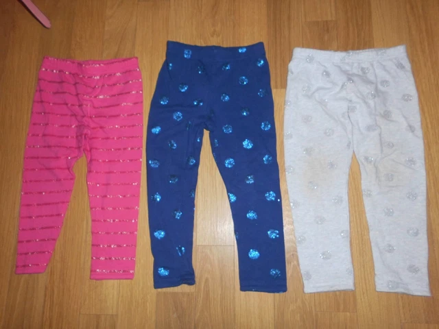 M&S Three Pairs Of Glittery Leggings - Pink Blue & Grey 18-24 Months *Ex Cond*