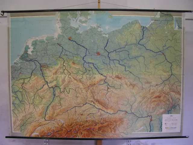 Deutschland Mitteleuropa Österreich Flussnetz ~1965 Schul-Wandkarte 242x171cm