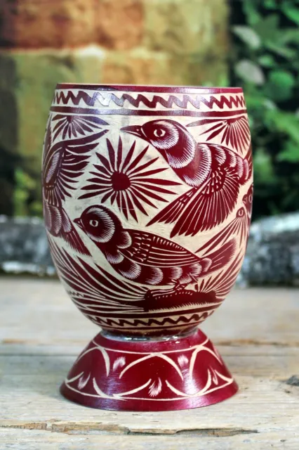 Hand Carved Decorative Gourd Vase Birds Handmade Pinotepa Oaxaca Mexico Folk Art