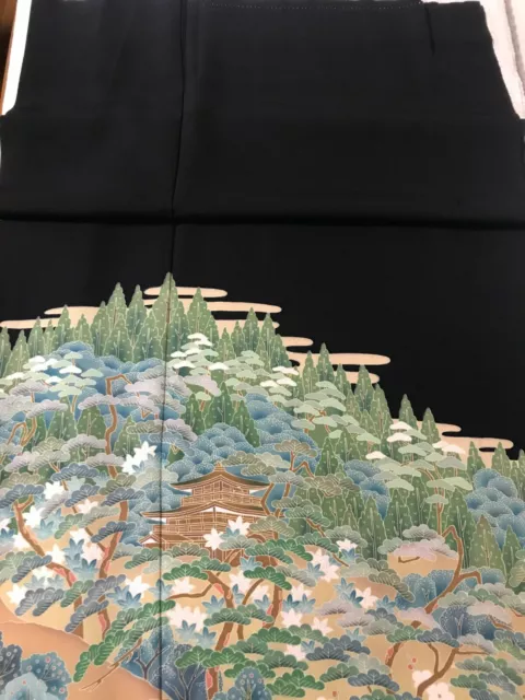@@Japanese vintage kimono/ tomesode black silk fabric/  temple   F80