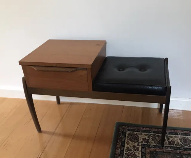 RETRO VINTAGE 1960s TELEPHONE TABLE - Original Wood and Vinyl Seat with Drawer