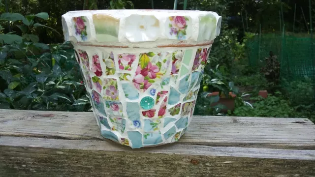 Mosaic Art Garden Pot Hand Made USA Antique Porcelains 6"