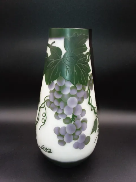 Vintage EMILE GALLE Reproduction Cameo Glass 10" Vase Grapes & Grasshopper; Mint