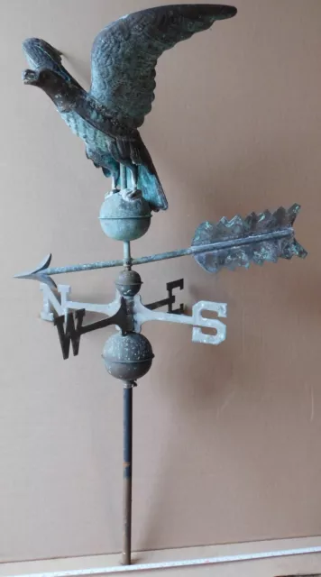 Antique vintage large copper weathervane full body spread winged eagle  arrow