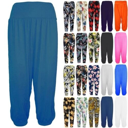 Donna Tinta Unita Ali Baba Ammanettato Pantaloni Harem Corto Largo Leggings
