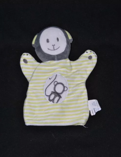 Peluche doudou singe gris marionnette OKAIDI OBAIBI rayé blanc vert TTBE