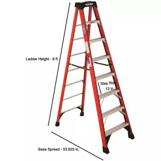 Werner 8 ft Fiberglass Step Ladder (12 ft Reach Height) 300 lb Load Capacity 3