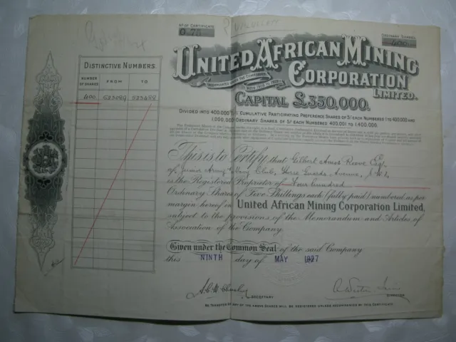 1927 Bond Stock Share Certificate UNITED AFRICAN MINING CORPORATION UK