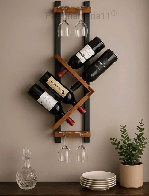 Set 2 portabottiglie da parete in legno rustico, per bottiglia di vino