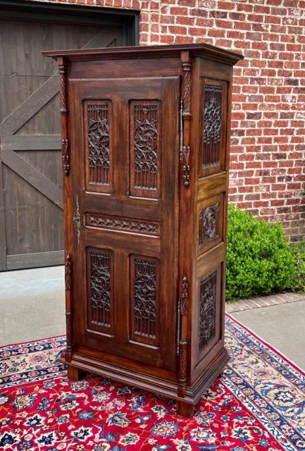 Antique French Armoire Wardrobe Cabinet Linen Closet Gothic Revival Oak c. 1880s