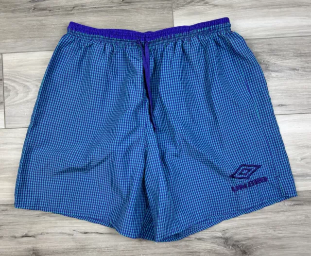 Vtg Umbro Shorts Mens Medium Blue Purple Plaid Athletic Soccer USA Made 90s XL