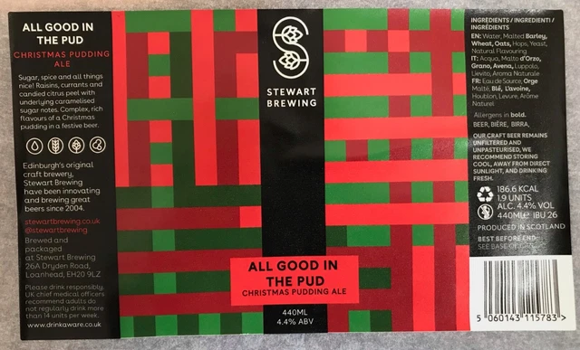 Stewart Brewing All Good in the Pud beer bottle label sticker new