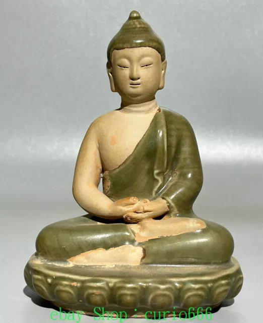 6'' Old Chinese Green Yellow Glaze Porcelain Shakyamuni Sakyamuni Buddha Statue