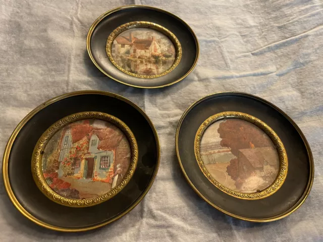 Lot of 3 Solid Brass Wall Hanging Plates Foil Art Pictures Made in England