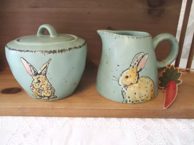 Spectrum Designz Easter Bunny Rabbit Green Sugar and Creamer Set with Lid - New