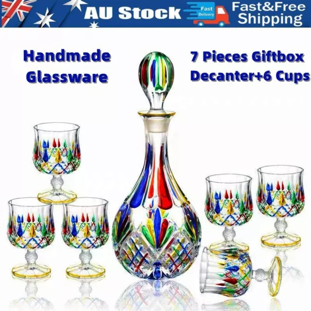 Handmade 7 Pieces Whisky Whiskey Wine Decanter 6 Glass Cups Tumbler Giftbox Set