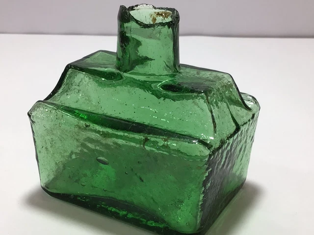 Nice BRIGHT GREEN FROSTED BODY LARGE Boat Victorian Old Ink Bottle J9