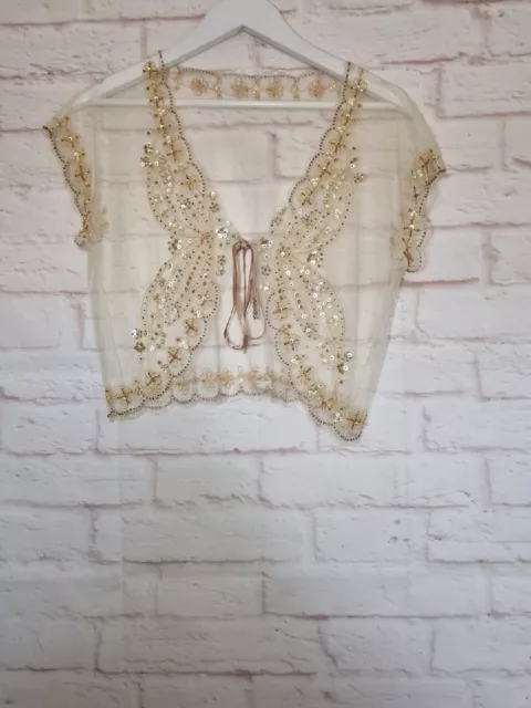 Giacca ricamata trasparente in rete avorio bolero taglia M con perline Shrug matrimonio paillettes