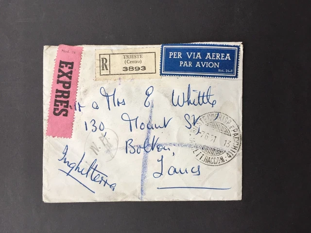 Trieste 1951 20L + 50L + 200L On Expres Registered Cover To Bolton Lancs Gb