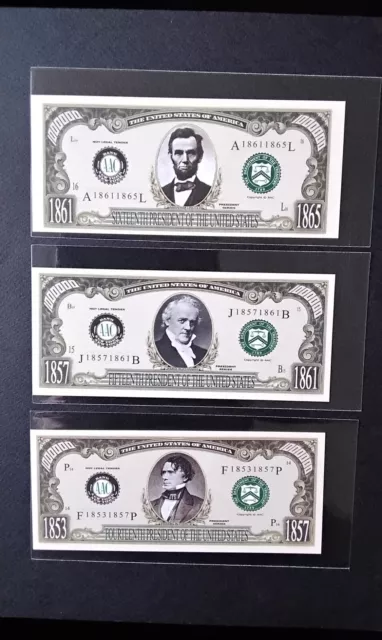 Lot De 3 Billets NEUFS US Dollars Des Présidents Des États-Unis Billets De...