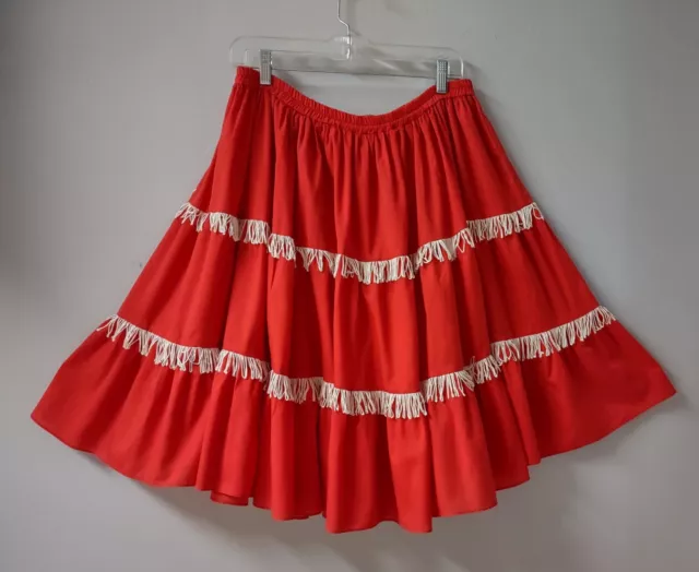 Vintage Square Up Fashions Red White Fringe Western Dance Skirt M/L