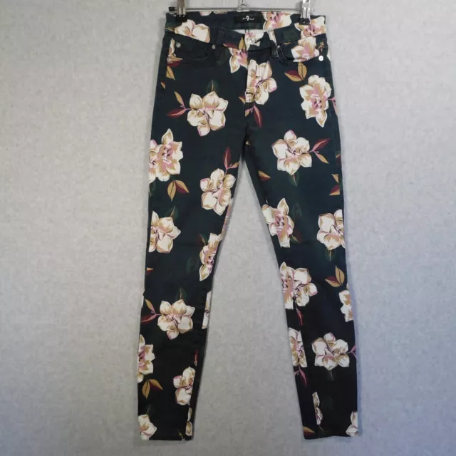 7 For All Mankind Jeans Women 25 Black Floral Flower Skinny Stretch Pants Print
