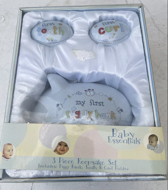 Baby Essentials 3-Piece Ceramic Keepsake Set  First Tooth Curl Piggy Bank - Blue
