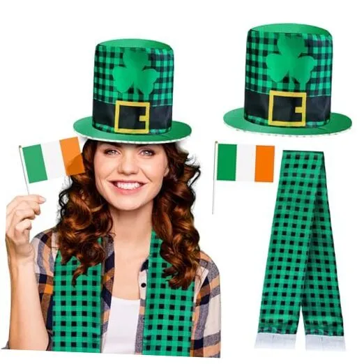 3Pcs St Patricks Day Hat Scarf and Flag Accessories Set - Party Costume Style 1