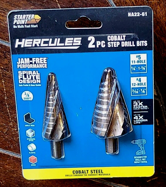 Hercules 2pc Cobalt Step Drill Bits with Jam Free Spiral Flute Design #HA22-61