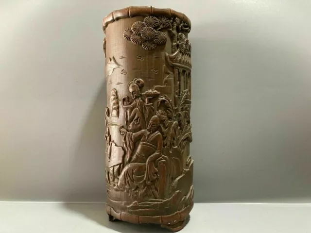 Chinese Natural Bamboo Hand carved Exquisite Figure Brush Pot 18827