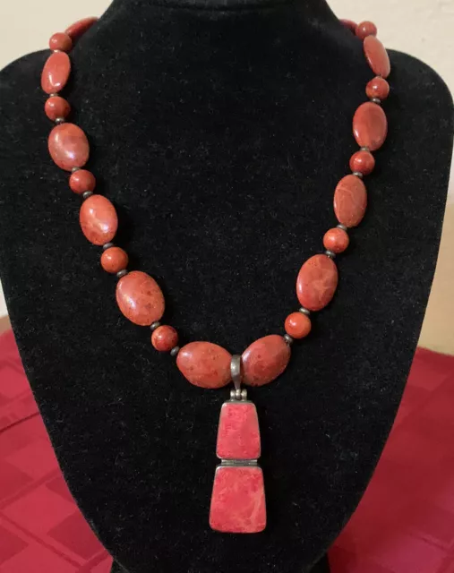 Vintage 925 Sterling Silver Red Jasper Stone Pendant Carnelian Bead 18” Necklace