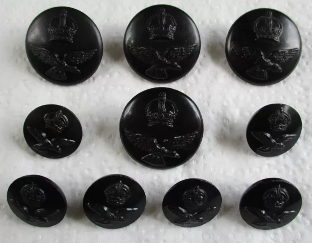Set of 8x RAF:"ROYAL AIR FORCE BLACK BAKELITE BUTTONS" (26mm-17mm, WW2 Period)