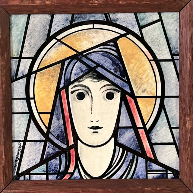 Cubist Art Pottery Tile Christian Saint Hand Painted Artist Signed Nickelsen, 6"