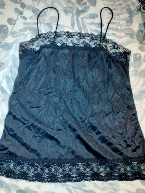 Vintage Black Nylon Cami Trimmed In Black Lace 1X