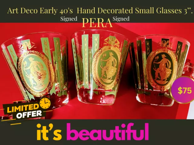 Art Deco 3 Early 40's PERA Co. Hand Decorated Blue & Gold 3” Glass Signed.