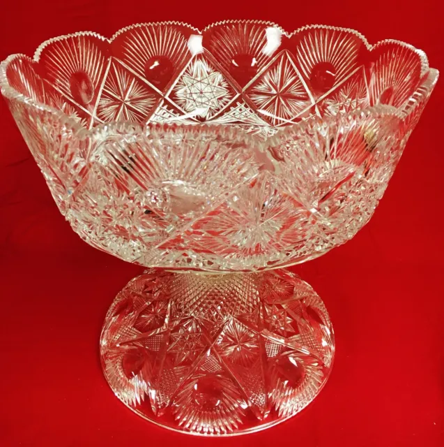 American Brilliant Deep Cut Large One Pc Glass Punch Bowl & Pedestal Stand