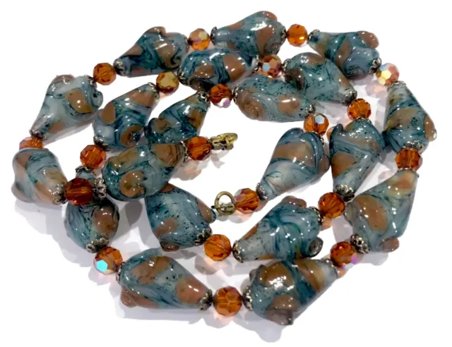 Vintage Green Amber Venitian Art Glass Bead Necklace 22 Inches Long