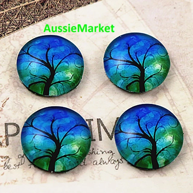 20 x cabochons glass dome blue green tree flat back round 12mm crafts jewellery