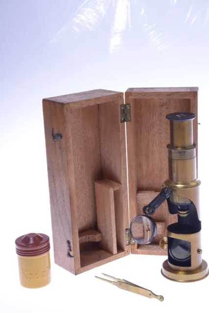 ✅ Antique Brass Drum *Nice* Microscope In Box W/ Light Condeser Tweezers & Case