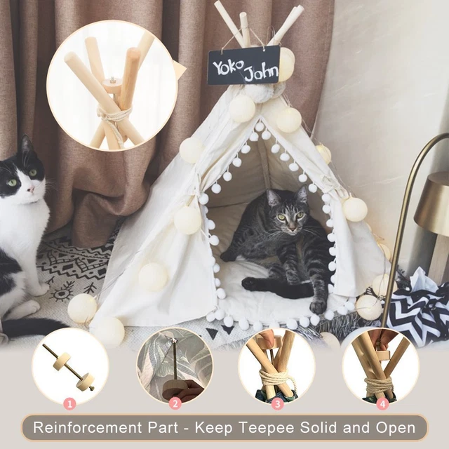 Pet Teepee Dog Cat Bed Portable Pets House Kitten Kennel Tent Beige Pompom Fold