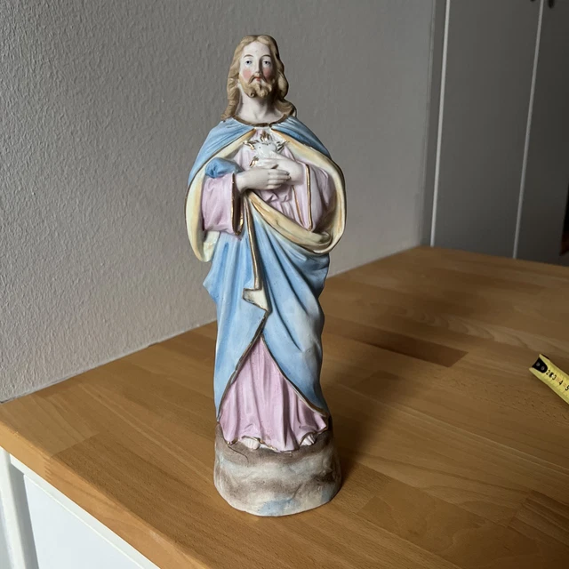 JESUS HEILIGENFIGUR BISQUIT Porzellan 28cm Herz Jesu Antik handbemalt ...