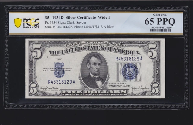 US 1934D $5 Silver Certificate Wide I FR 1654Wi PCGS 65 PPQ GEM CU (129)