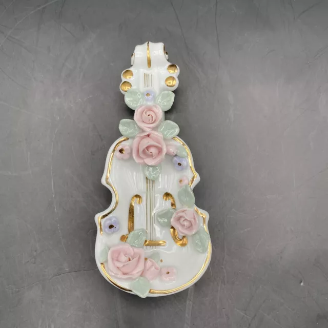 Vintage Lefton Porcelain Violin/Cello Floral Trinket Dish Figurine Japan