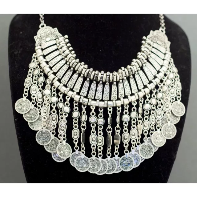 Vintage Art Deco Silver Tone Large Music Bib Necklace 20 Inches G20 3